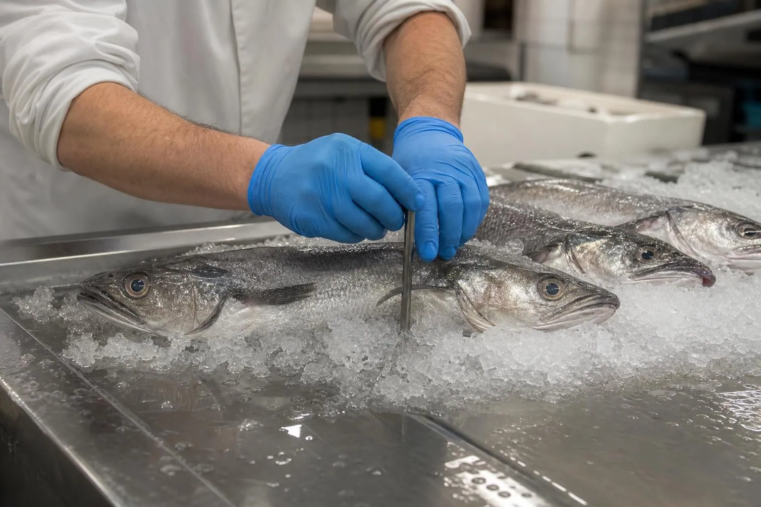 Mains gantées de bleu plantant une pique inox dans la glace pilée à côté d’un merlu entier, sur un étal de rayon marée en cours de montage