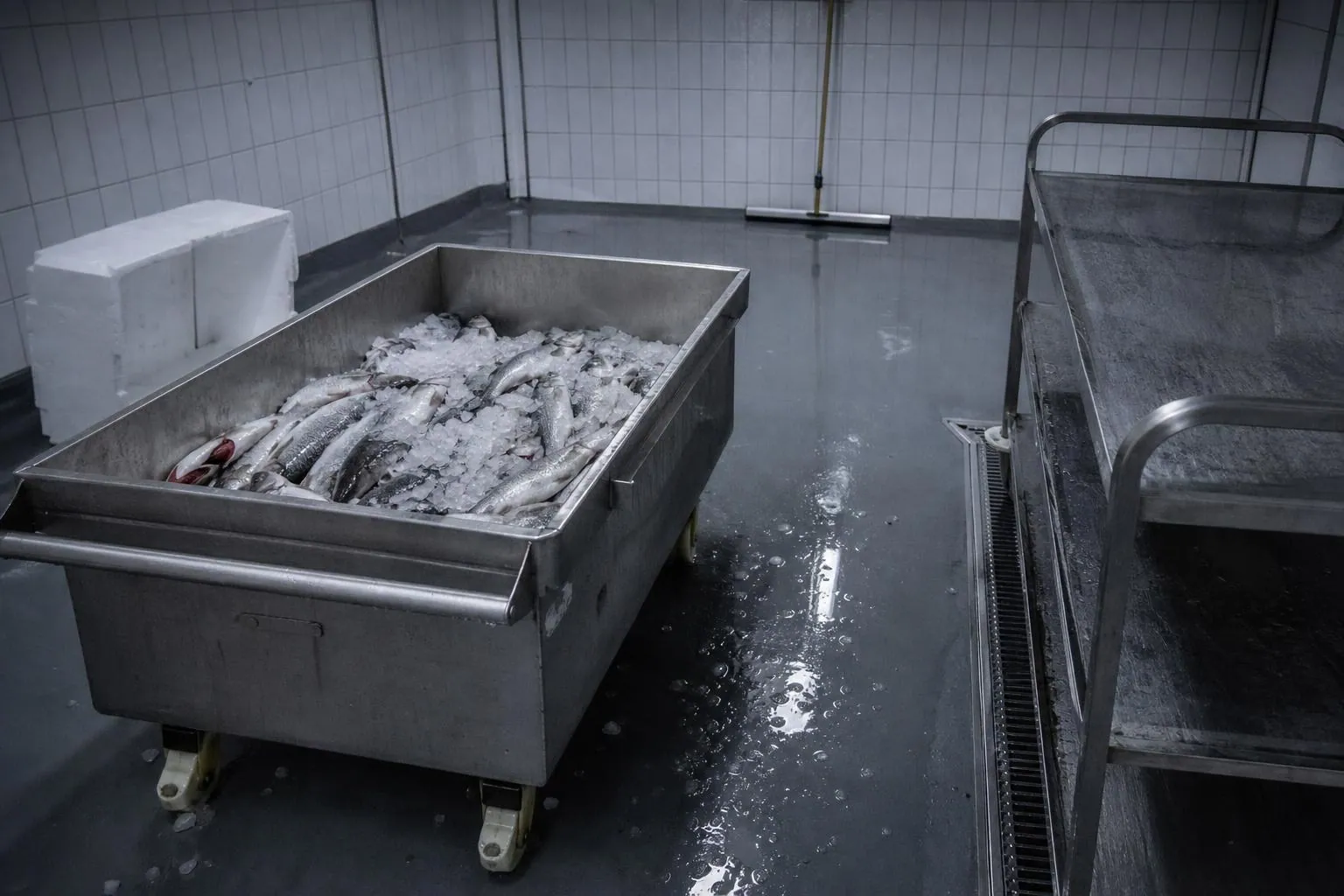Bac inox de retrait posé au sol d’un laboratoire marée, contenant des poissons entiers sortis de la vente, à côté d’un chariot vide