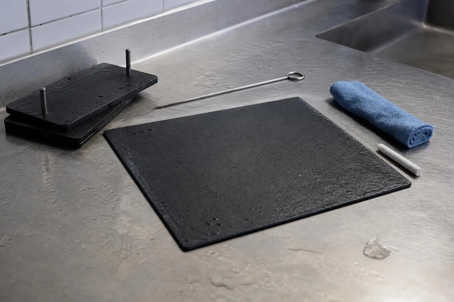 Ardoise noire vierge posée à plat sur un plan de travail inox mouillé, à côté d’un chiffon humide et d’une craie grasse blanche