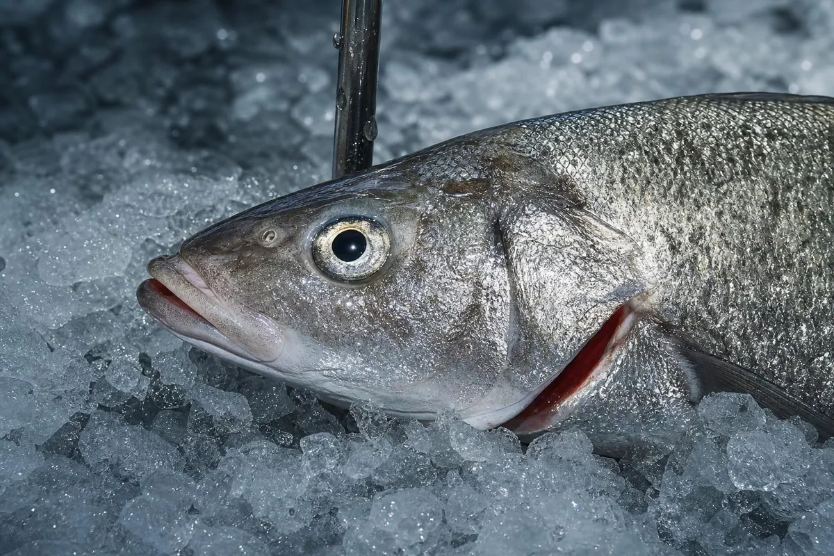 Gros plan macro d’un bar entier pose sur de la glace pilee, oeil clair et ecailles argentees, avec une pique inox plantee dans la glace a cote de la tete