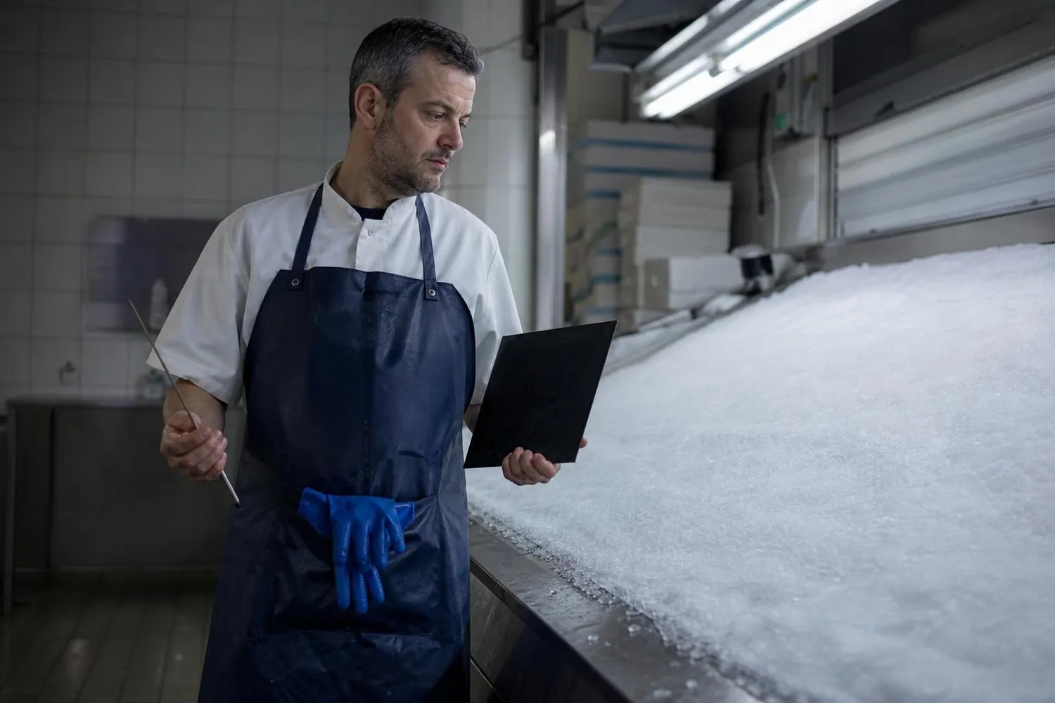 Chef de rayon maree en blouse blanche et tablier bleu debout devant un etal de glace pilee vide, sous les lampes du rayon avant l’ouverture