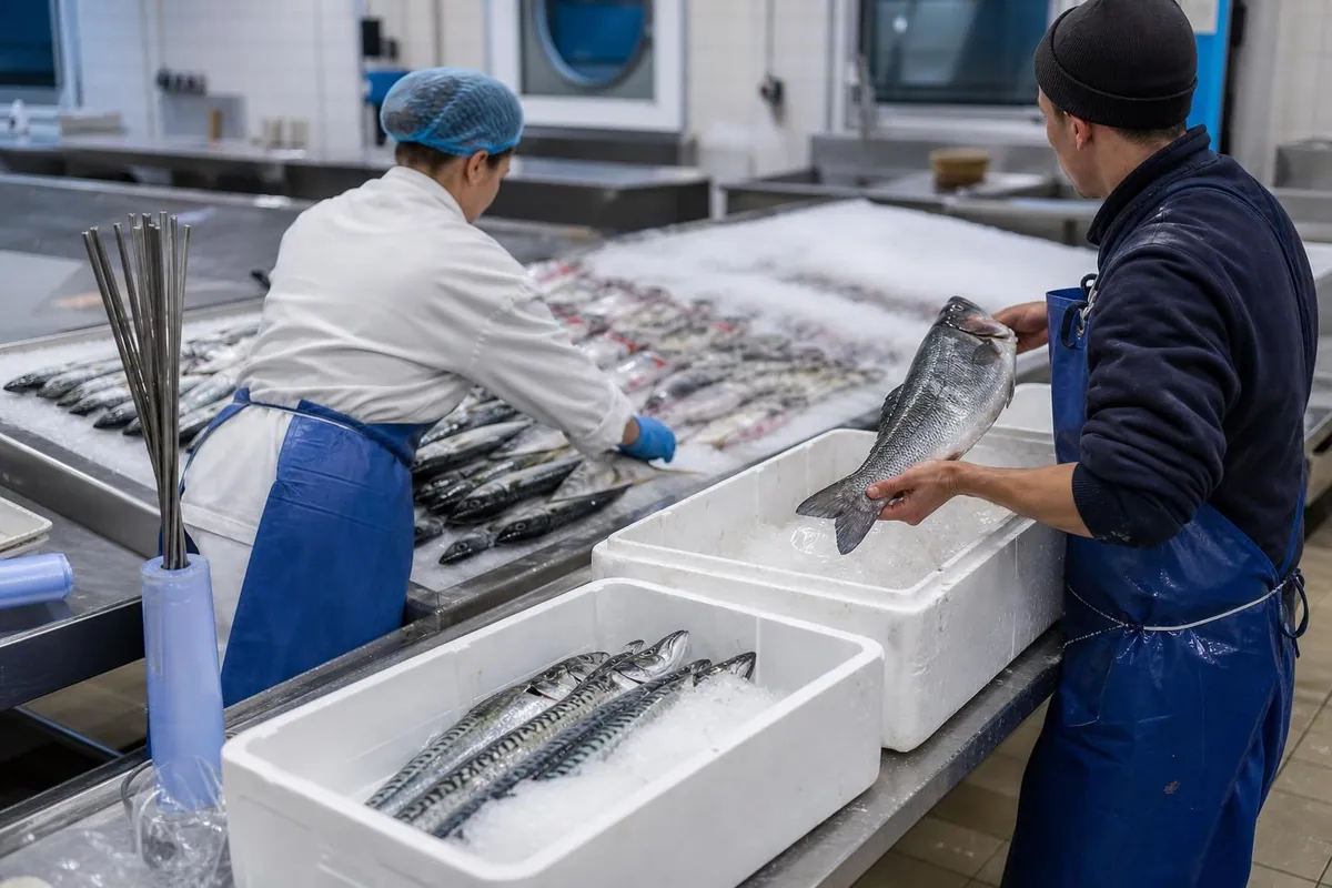Deux employes de rayon maree disposant des poissons entiers sur la glace pilee d’un etal en cours de montage, caisses de polystyrene ouvertes au premier plan